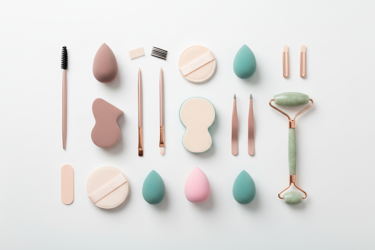 Minimal modern flatlay on a clean white background, beauty tools such as makeup sponges, powder puffs, lash spoolies, brow tools, rollers, applicators. Add subtle rose-gold and teal accents. Clean, editorial, gender inclusive styling.