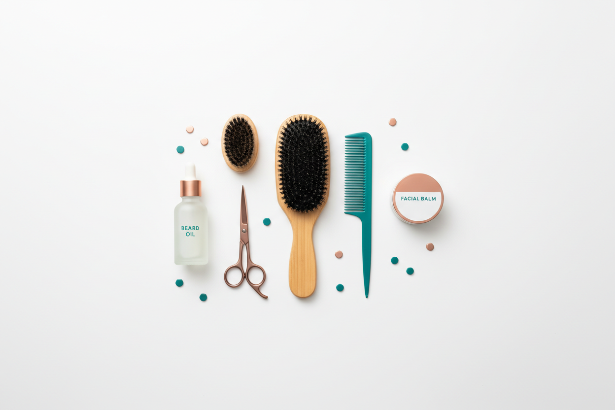 Minimal modern flatlay on a clean white background featuring men's grooming essentials like beard oil, beard brush, wave brush, facial grooming tools, clean and neutral design. Add subtle rose-gold and teal accents to match brand colors. Inclusive and modern.