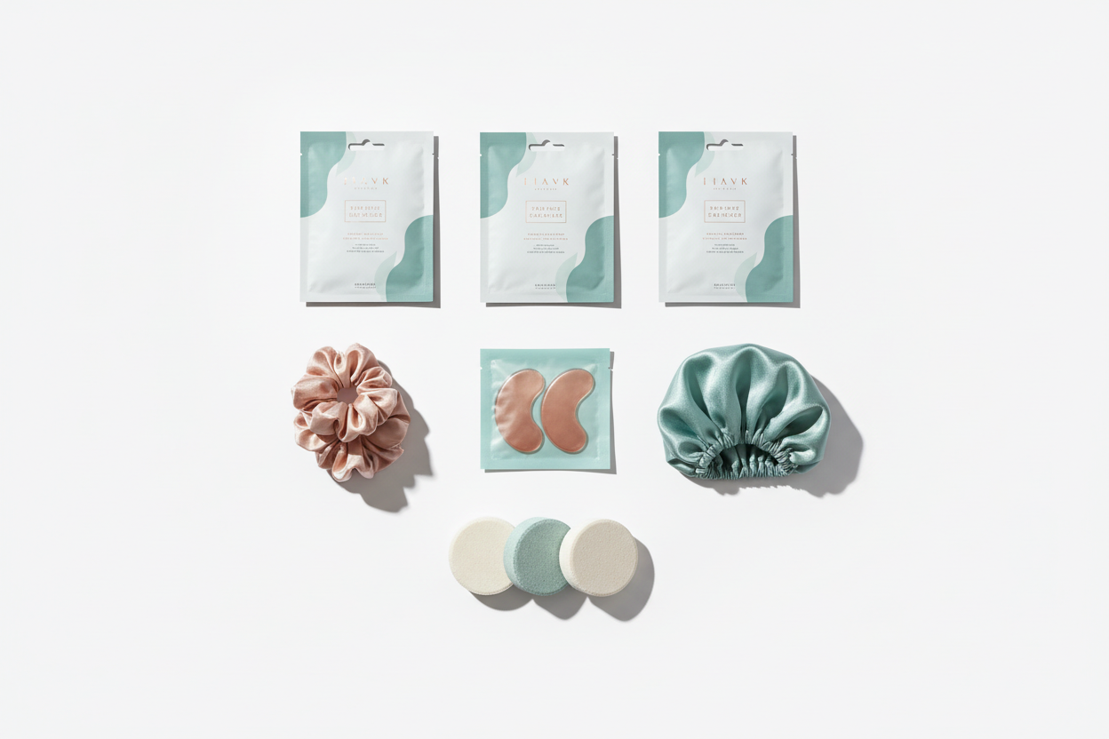 Minimal modern flatlay on a clean white background showing self-care essentials such as face masks, satin hair scrunchies, satin hair caps, eye pads, shower steamers. Soft shadows, neutral tones with rose-gold and teal accents, calming aesthetic.