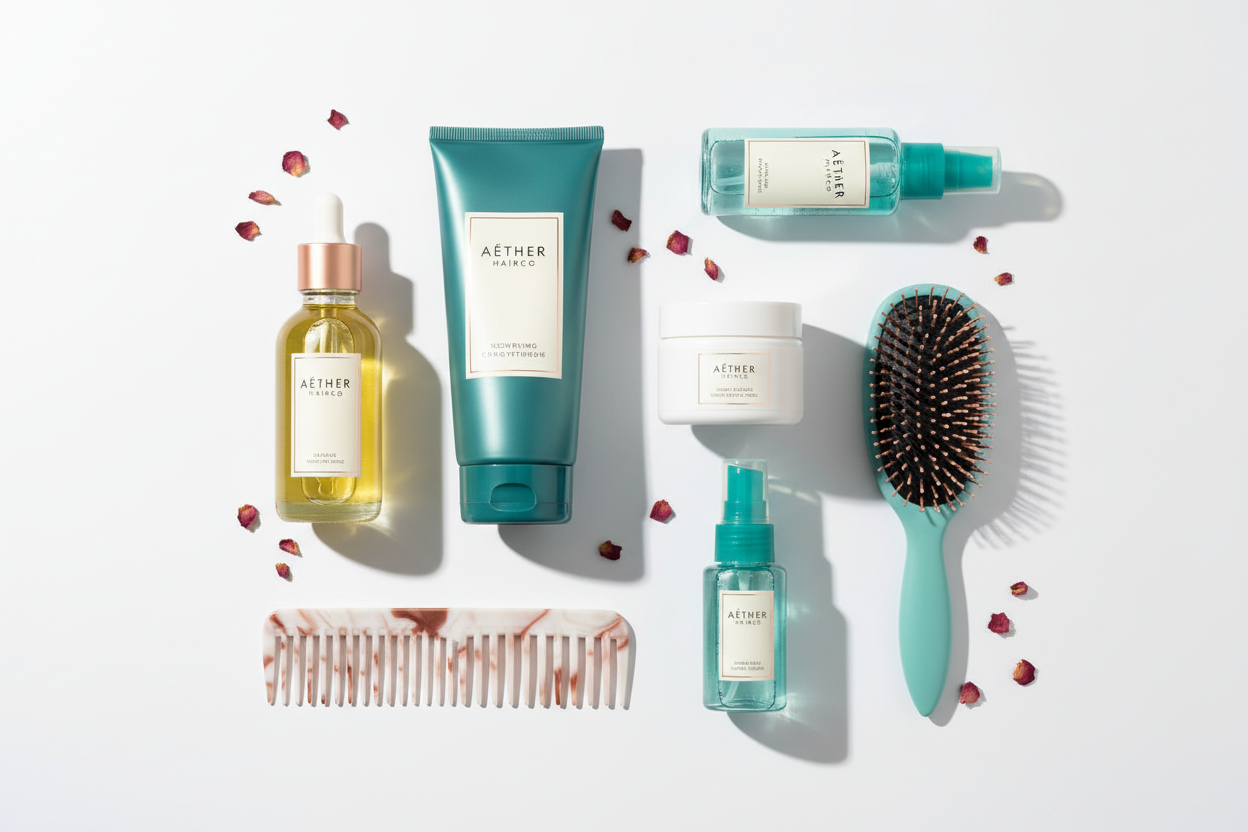 Minimal modern flatlay on a clean white background with soft shadows, hair care essentials such as oils, conditioners, curl cream, leave-in spray, combs and brushes. Include hints of rose-gold and teal accents. Aesthetic beauty product arrangement, neutral and gender-inclusive.